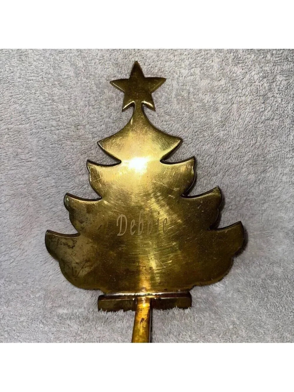 Vintage Solid Brass Tree Silhouette Christmas Stocking Hanger Flat Etched Debbie